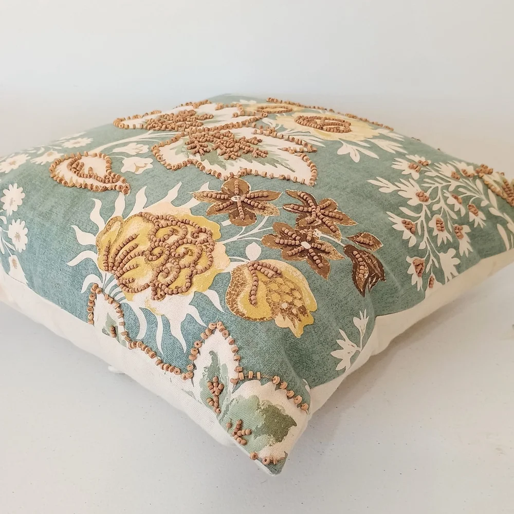 Pottery Barn 18x18 Throw Pillow Wood Beads Leaves Floral Blue Cream Down Feather